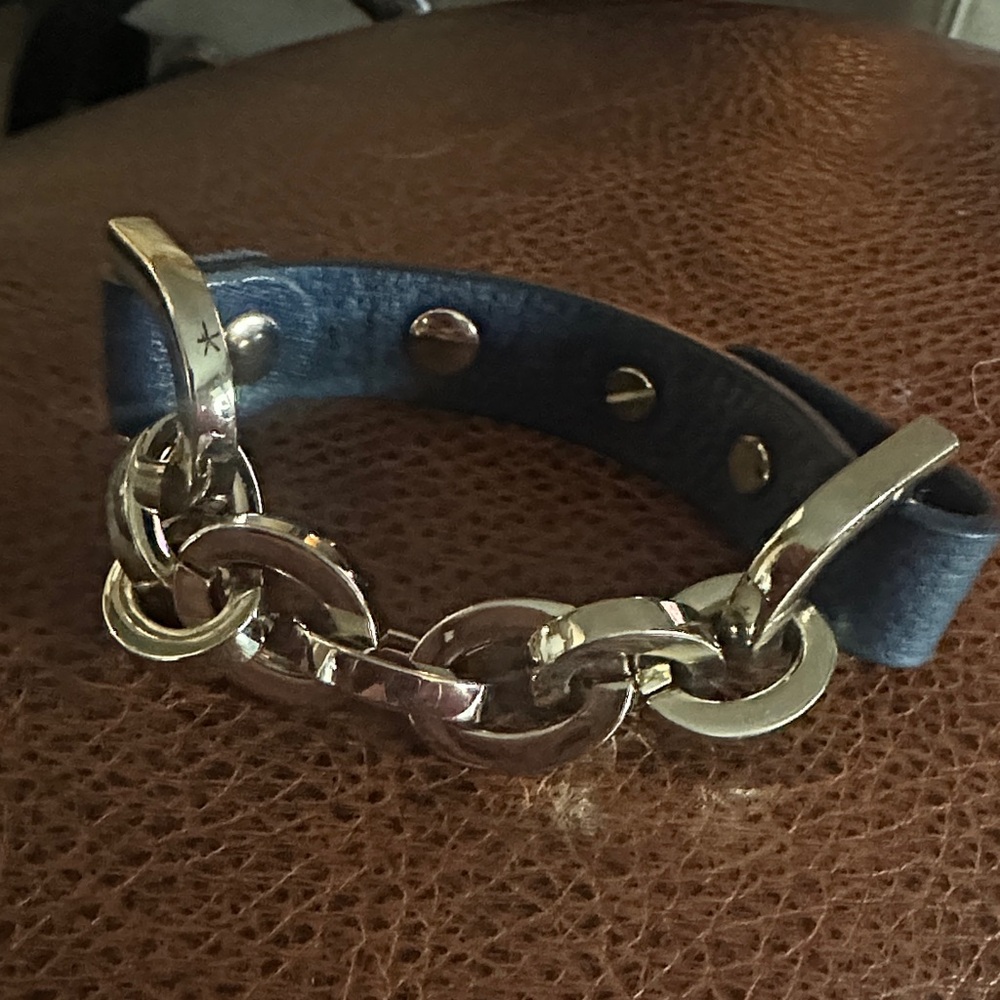 Navy Leather Bracelet with Chunky Silver Links